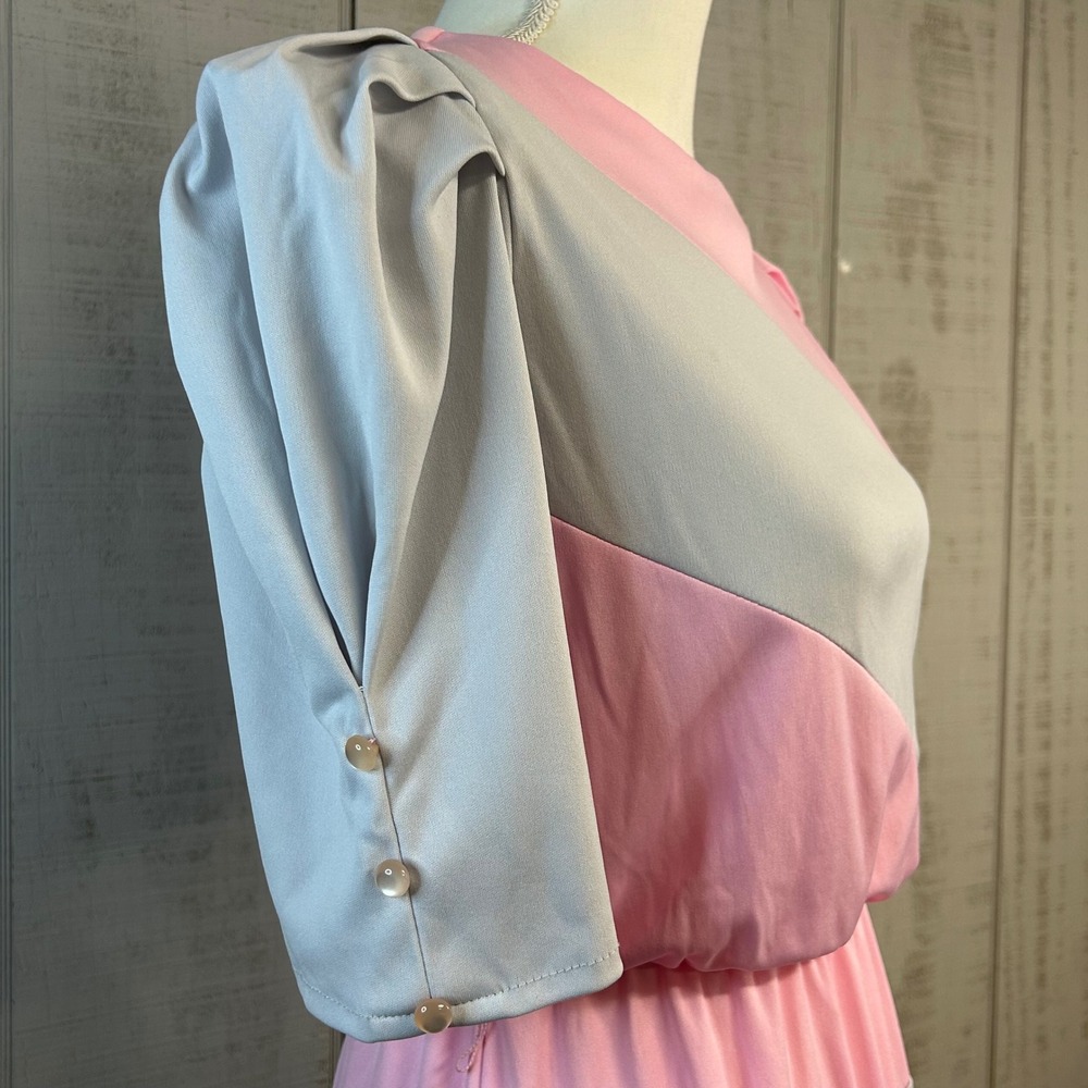 Vintage Susan Leonard 80s Midi Dress Diagonal Colorblock Puff Sleeve 9 (L) USA - Picture 4 of 10